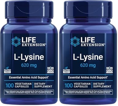 Life Extension L-Lysine,620 mg,Essential Amino Acid for Healthy nitrogen Balance,Calcium Metabolism,Stress Response & More,Gluten-Free,Non-GMO,Vegetarian,100 Capsules,(Pack of 2)