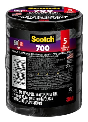 Scotch Vinyl 700 Electrical Tape, 5 Rolls, Black, 3/4-in x 66-ft, Commercial Grade, Rated for Temperatures Up to 194-Degree, Highly Flexible, Stretchy and Conformable (24413-BA-6)