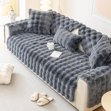tianxinbaobei Faux Fur Sofa Cover, Rabbit Plush Couch Cover, Non-Slip Couch Covers Washable, Cosy Plush Sofa Slipcover, Furniture Protector for L Shaped(1pc/ Dark Grey /36"x70")