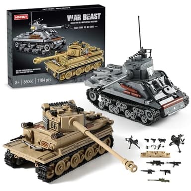 WW2 Army Tank Toys Building Kit Compatible with Lego, Create a German Tiger & an American M4 Sherman Models with 1184 Blocks, Great Military Toy Gifts for Boys, Kids Age 8-14