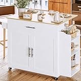 IRONCK Kitchen Island with Storage, Rolling Kitchen Island on Wheels with Drop Leaf, 3 Open Spice Rack Shelf, Door Cabinet, Drawer, Kitchen Cart Island Table for Kitchen, White