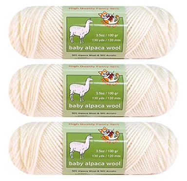3-Pack Baby Alpaca Wool Blend Yarn Worsted Weight Fashion Collection Art Crafts Crochet and Knitting Sunny Cat Premium Brand (White)
