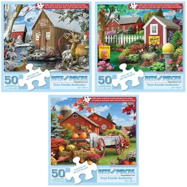 Bits and Pieces 50 Piece Puzzles for Adults - Alan Giana 3-Pack - 50 Extra Large Pieces 15" x 19" Jigsaw Puzzles, Rustic Country Scenes, No 2 Pieces Alike