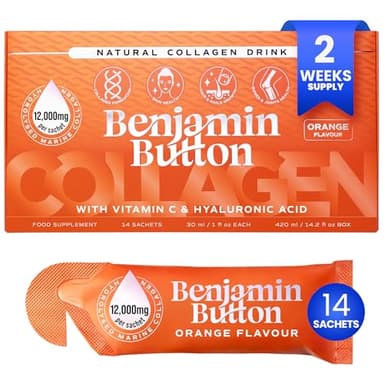 Benjamin Button 12,000mg Marine Collagen Liquid Shots| High Strength Hydrolyzed Marine Collagen Peptides w/Hyaluronic Acid & Vitamin C for Skin, Hair & Joints | Orange, 14 Daily Servings 30ml