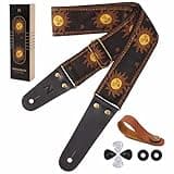 Nefelibata Guitar Strap, Sun Embroidered Cotton Guitar Strap with Head Cowhide Leather Ends for Bass, Electric and Acoustic Guitars, Free Strap Button, 1 Pair of Strap Locks and 4 Guitar Picks