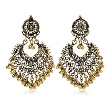 Boho Ball Tassel Statement Dangle Earrings for Women Girls Vintage Flower Heart Shaped Beaded Chandelier Drop Dangling Earring Lightweight Indian Bollywood Jewelry Gifts for Jhumka Festival Holiday Christmas (Bronze)