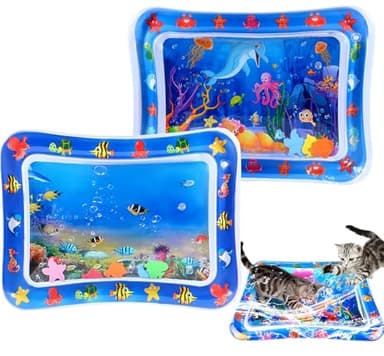 JWVGWV 2 PCS Large Thickened Cat Water Sensory Play Mat, Anti-Scratch Leak Proof Cooling Pad with Floating Fish Toy, Cat Water Mat Interactive Hunting Exercise for Indoor Cats, Summer Pet Play Mat