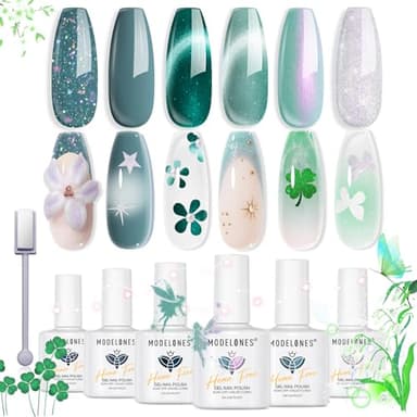 modelones Gel Nail Polish, 6 Colors Hema Free 9D Cat Eye Green Glass Sliver Green Glitter Shimmer 2026 Spring Nail Polish Kit with Magnet Soak Off LED Winter Cateye Nail Art Gel DIY Salon
