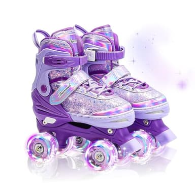 Kids Roller Skates for Girls Boys 4 Size Adjustable Ages 3-5 5-8 6-12 Purple Quad Rollerskates with Light Up Wheels for Beginner Children's Birthday Gift patines para niñas Outdoor Sports