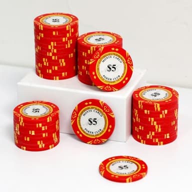 JIESITE 14 Gram Clay Poker Chips Monte Carlo Poker Chips Casino Grade Poker Chip for Texas Hold'em, Blackjack Poker Games Pack of 50 Pieces($5 Red)