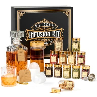ComboJoy Whiskey Infusion Kit Gifts for Men – 12 Natural Ingredients, Decanter, Infusion Jar, Glass, Ice Mold – DIY Whiskey, Bourbon, Rum & Cocktail Infusion Set for Him, Dad, Husband