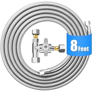 Refrigerator Water Line Kit - 8FT Stainless Steel Braided Ice Maker Water Line with Tee Stop Valve,Foodgrade PEX Inner Hose Fridge Water Line with 1/4" Comp Fitting and Tee Valve