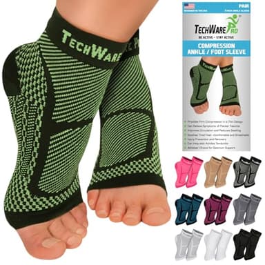 TechWare Pro Ankle Brace Compression Sleeve - Relieves Achilles Tendonitis, Joint Pain. Plantar Fasciitis Foot Sock with Arch Support Reduces Swelling & Heel Spur Pain. (Black/Green, XXL)