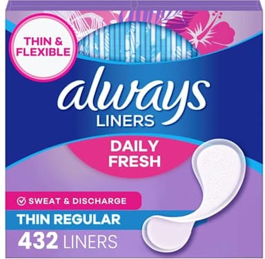 Always Daily Fresh Thin Liners, Regular Absorbency, Unscented Panty Liners, 432 Count (2 Packs of 216)
