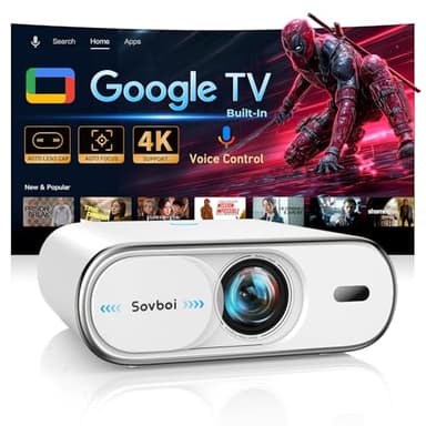 4K Projector Built-in Google TV: 2500 ANSI/Auto Lens Cap & 4D Keystone/Auto Focus & AI Voice Control, Sovboi Smart Portable Projector with WiFi6 & Bluetooth, Outdoor Movie Proyector for Streaming Apps
