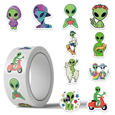500PCS Aliens Stickers 10 Styles Sticker Rolls Space Stickers Aliens Party Favors Waterproof Vinyl Stickers (500 per Roll)