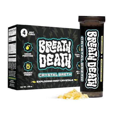 Breath Death Crystal Breth Breath Mints, Peppermint Mint Crystals, Gluten Free, Vegan & Zero Calorie Mints, Zinc-Infused & Fast Acting Formula, Single Pack - 4 Tubes, 12 Servings Per Tube, 1.6 Oz.