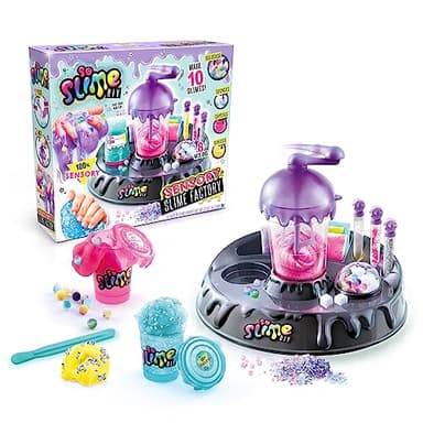 So Slime DIY Sensory Factory; Makes 10 Slimes; No Glue; No Mess; Sensory Mix’ins to Create ASMR Feels; Just Add Water and Turn The Crank; Slime Storage Containers Included