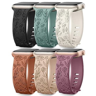 6 Pack Floral Engraved Bands Compatible with Apple Watch Bands 44mm for Women 40mm 41mm 45mm 49mm, Adjustable Comfortable Soft Silicone for iWatch Bands 38mm Womens Series