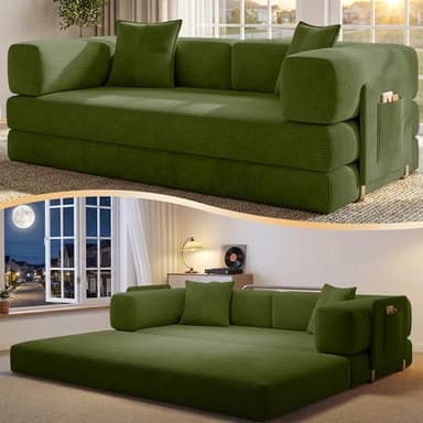 CUBENTE 78.8" Convertible Sofa Bed,Corduroy Futon Couch with Storage Pocket,Folding Pull Out Futon Sofa,No Assembly Boneless Couch for Living Room,Green