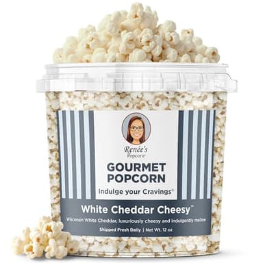 Renée’s White Cheddar Cheesy™ Gourmet Popcorn – real Wisconsin white Cheddar cheese is smooth and creamy on fresh popped corn making an indulgent, crispy, cheesy, delightful snack or gift - 1.1 gallon plastic bucket tin, 12 oz bulk party size.