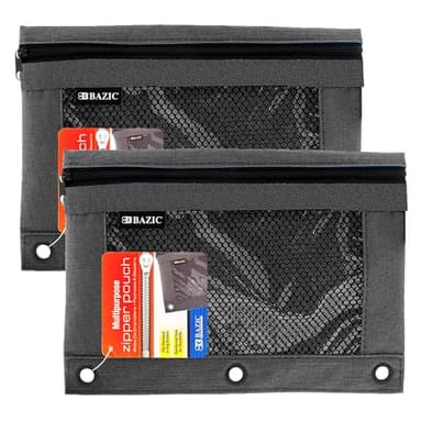 BAZIC PRODUCTS Pencil Pouch for 3 Ring Binder, Zippered Mesh Window Pencil Case with Reinforced Grommets, Durable Binder Organizer for School Supplies or Office Supplies Storage, 2-Pack