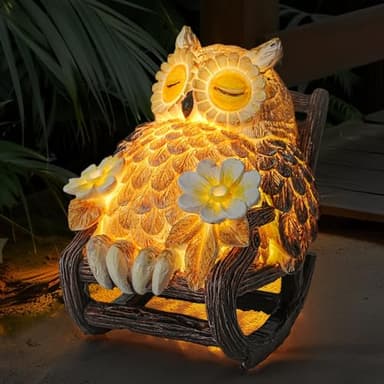 LIULO TOOL Light Up Owl on Chair Garden Sculpture, LED Solar Powered Owl Lying on The Chair, Cute Figurine Crafted Statue for Home Fireplace Outdoor Centerpiece Collection Decoration, 3x3x4 in