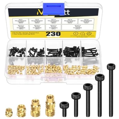 Mardatt 230Pcs M2 Brass Threaded Inserts with Hex Socket Head Cap Screws Kit, Brass Heat Set Insert Metric Knurled Nuts & Machine Screws for Plastic 3D Printing Components