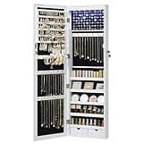 SONGMICS 6 LEDs Mirror Jewelry Cabinet, 47.2-Inch Tall Lockable Wall or Door Mounted Jewelry Armoire Organizer with Mirror, 2 Drawers, 3.9 x 14.6 x 47.2 Inches, White UJJC93W