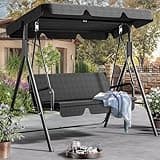 DWVO Patio Swing Front Porch Swing for Adults 3 Seat Porch Swings with Adjustable Canopy Outside Swing Bench with Removable Cushion, Suitable for Backyard, Garden, Yard, Poolside, Balcony (Black)