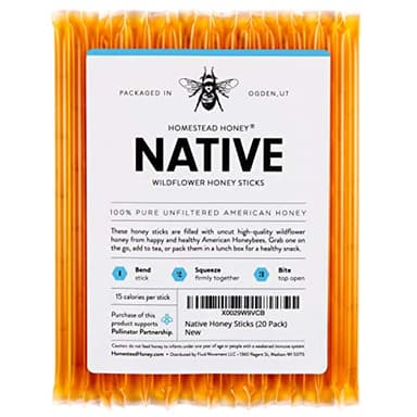 Homestead Honey 20-Pack Honey Sticks - Sweet Pure Wildflower Honey Packets for Tea and Snacks - Single Serve Natural Sweetener Straws - Easy Open for Travel, Lunchboxes, and On-the-Go Use