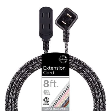 Cordinate Extension Cord, 8 Ft, 3-Outlet Flat Plug, Braided with Multiple Outlets, 2 Prong, Safety Slide 125V, 1 Pack, Gray, 42841-T2