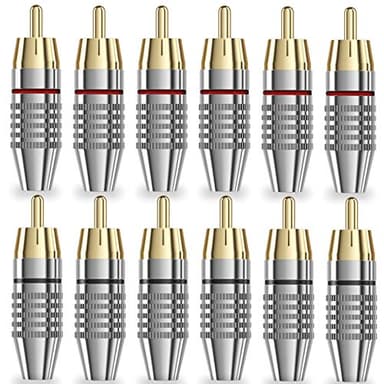 lkelyonewy RCA Plug Connectors Coaxial Cable Audio Adapter Gold Plug Male No Solder Connector Solderless Video Cable kit TV CCTV(12-Pack)