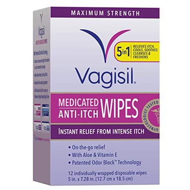 Vagisil Anti-Itch Medicated Feminine Intimate Wipes for Women, Maximum Strength, Gynecologist Tested, 12 Wipes (Pack of 1)
