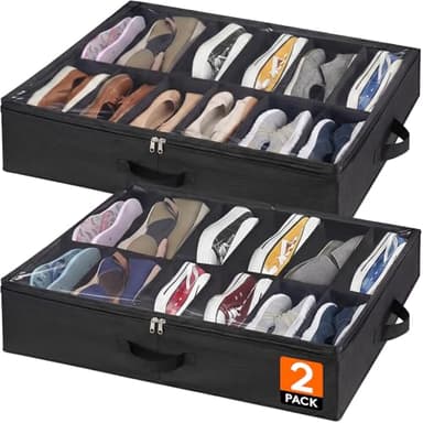Lifewit Under Bed Shoe Storage Organizer 2 Pack(12 Shoes Cells), 4.3 Inches Profile Fabric Shoes Container Box with Clear Cover, Foldable Storage Bag with 2 Handles, Fits 12 to 24 Pairs