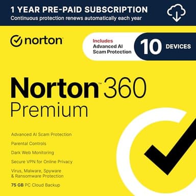 Norton 360 Premium, Antivirus software for 10 Devices with Auto-Renewal – Includes Advanced AI Scam Protection, VPN, Dark Web Monitoring & PC Cloud Backup [Download]