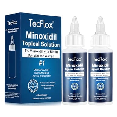 TecFlox 5% Minoxidil with Biotin for Men & Women, Beard Growth Oil, Hair Growth Serum, Unisex, 2-Pack, Total 4 fl oz for 4 Months