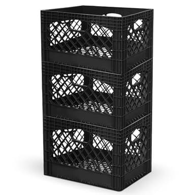 Juggernaut Storage 3-Pack 24-Quart Heavy-Duty Plastic Stackable Milk Crates with Handles, Black – Open Bin Basket Organizers for Home, Office, Dorm, and Car Organization