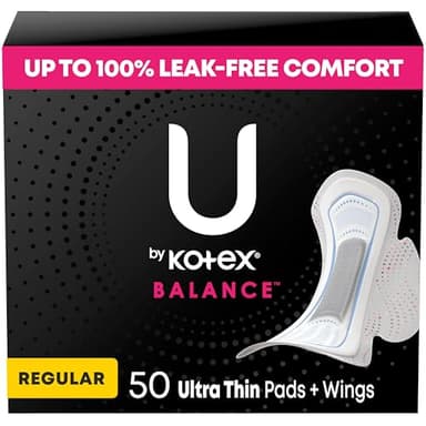 U by Kotex Balance Ultra Thin Pads with Wings, Regular Absorbency, 50 Count (Packaging May Vary)