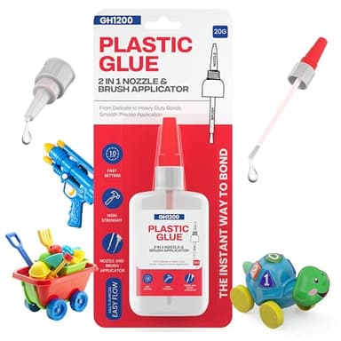 GH1200 (2-in-1) Super Glue for Plastic with Brush Applicator & Nozzle - Fast Setting Plastic Glue Heavy Duty for Solid Bonds, DIY & More, Crystal Clear & No Stain Glue
