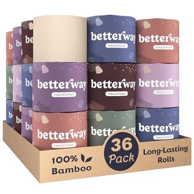 Betterway Unbleached Bamboo Toilet Paper Rolls - Eco-Friendly 3 Ply Toilet Tissue - 36 Long-Lasting Rolls - 360 Sheets/Roll - Organic, FSC Certified, Septic Safe TP - Lint-Free, PFAS-Free Bath Tissue