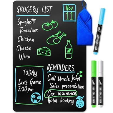 Magnetic Black Dry Erase Board for Fridge (12 x 8 inch), Stain-Resistant w/ 3 Magnetic, Fine-Tip Neon Chalk Markers & Eraser by Yes4Quality