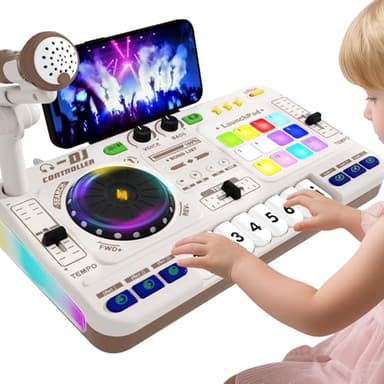 Kids DJ Mixer Board Controller Toy Set with Turntable, Piano Keys, Microphone & Bluetooth - Musical Instrument Toy for Toddlers 3 4 5 6 7 8 Year Old Boys & Girls - Birthday (White)