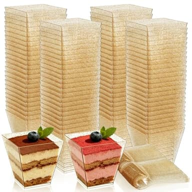 Tebery 100 Pack 6 Oz Gold Glitter Medium Plastic Dessert Cups With 100 Spoons Square Dessert Bowls for Tasting Party Desserts Appetizers