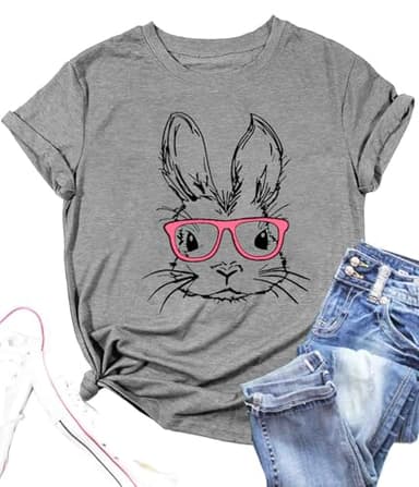 Funny Bunny Print T Shirt for Women Cute Grapic Leopard Shirts Family Blouse Gifts Easter Tops Tee(Grey-2,Large)