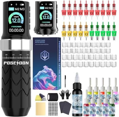 POSEIDON Tattoo Gun Kit, Wireless Tattoo Pen Kit Tattoo Kit with 2Pcs Battery and 20 Pcs Tattoo Cartridge Needles, 7 Stroke Settings, Normal/Dot Modes, LED Display, Complete Tattoo Machine Kit