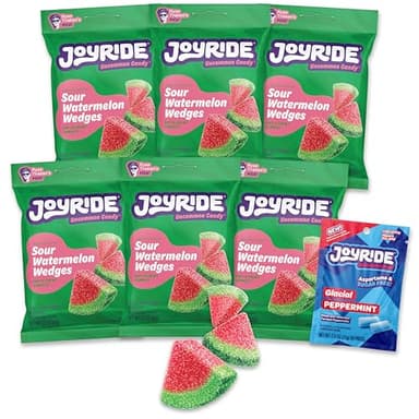 JOYRIDE Sour Watermelon Wedges - 3.5 oz 6-Pack Bundle with 2.5oz Glacial Peppermint Gum, Low Sugar and Calories, Healthy Sour Candy, Watermelon Gummies (7 Items)