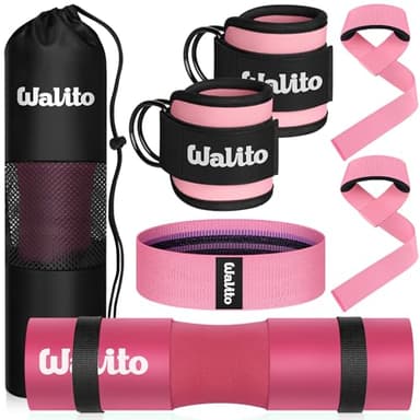WALITO 8Pcs Barbell Pad Set for Hip Thrust - Squat Pad,Gym Accessories for Women with Bar Bad,Bench Press, with Gym Ankle Straps,Resistance Bands for Working Out,Lifting Strap,Carry Bag