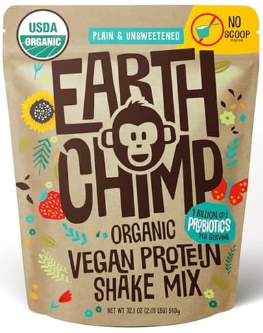 EarthChimp Organic Vegan Protein Powder - with Probiotics - Non GMO, Dairy Free, Non Whey, Plant Based Protein Powder for Women and Men, Gluten Free - 26 Servings 32 Oz (Plain & Unsweetened) No Scoop