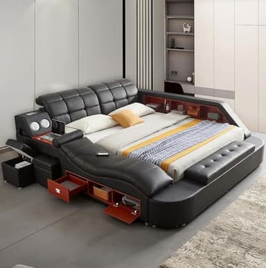 Multifunction Smart King Bed Frame, Luxury Upholstered Platform with Massage Recliner/Bluetooth Speaker/USB Charging Station/Storage Drawers, Leather Headboard/ Strong Wooden Slats, Black